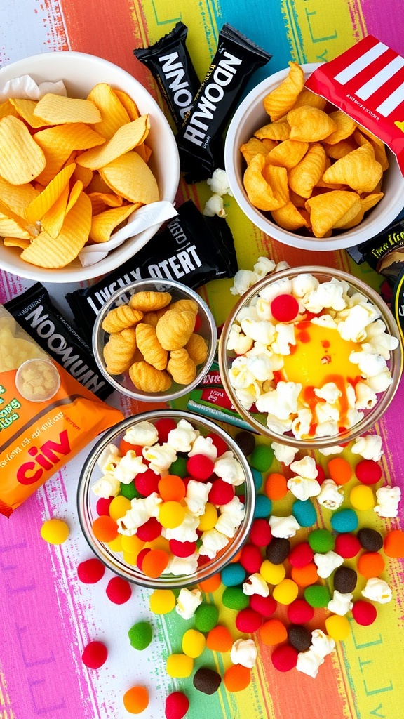 A colorful assortment of junk food snacks including chips, chocolate bars, popcorn, and gummy candies on a table.